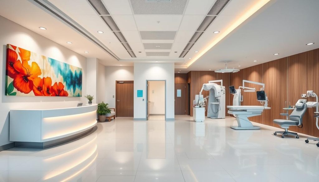 A spacious modern medical clinic with a sleek, minimalist interior design. The lobby features a reception desk with a warm, inviting atmosphere. The walls are adorned with vibrant, abstract artworks that create a soothing, therapeutic ambiance. The examination rooms are equipped with state-of-the-art medical technology, providing a comfortable and reassuring environment for patients. Soft, directional lighting illuminates the space, casting gentle shadows and highlighting the clean, organized layout. The overall scene conveys a sense of professionalism, excellence, and a commitment to delivering the highest quality healthcare services.