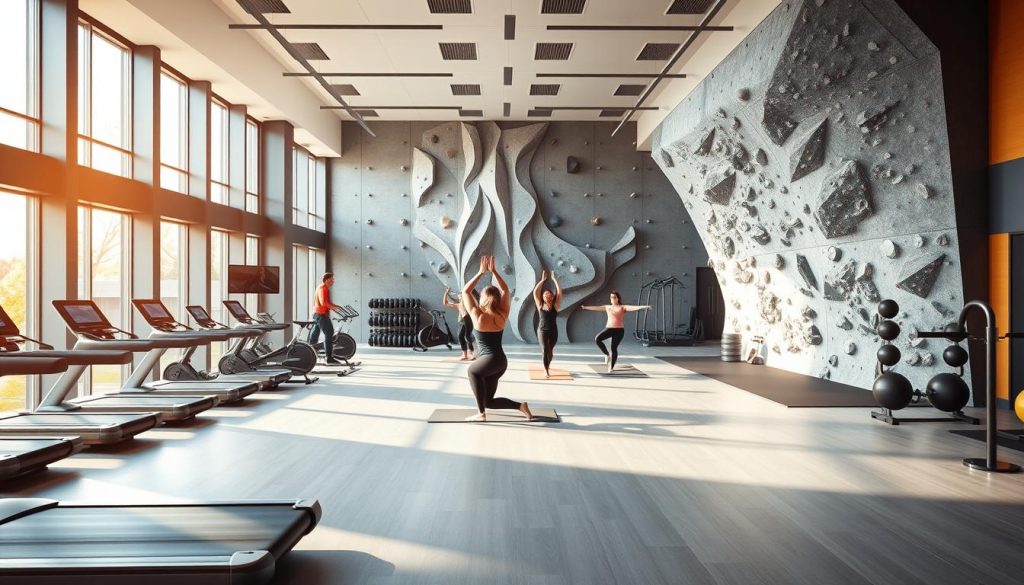 A vibrant scene of modern fitness, with a sleek, minimalist gym interior. Bright, natural lighting filters through floor-to-ceiling windows, casting a warm glow on the state-of-the-art exercise equipment. In the foreground, a series of treadmills, stationary bikes, and weight racks are strategically arranged, inviting the viewer to imagine themselves in an invigorating workout. The middle ground features a yoga studio, where individuals flow through graceful asanas, their movements captured in a Zen-like stillness. In the background, a futuristic climbing wall dominates the scene, its dynamic curves and textures hinting at the physical challenges and thrills of high-intensity training. The overall atmosphere is one of energy, vitality, and the pursuit of holistic well-being. A vibrant scene of modern fitness, with a sleek, minimalist gym interior. Bright, natural lighting filters through floor-to-ceiling windows, casting a warm glow on the state-of-the-art exercise equipment. In the foreground, a series of treadmills, stationary bikes, and weight racks are strategically arranged, inviting the viewer to imagine themselves in an invigorating workout. The middle ground features a yoga studio, where individuals flow through graceful asanas, their movements captured in a Zen-like stillness. In the background, a futuristic climbing wall dominates the scene, its dynamic curves and textures hinting at the physical challenges and thrills of high-intensity training. The overall atmosphere is one of energy, vitality, and the pursuit of holistic well-being.