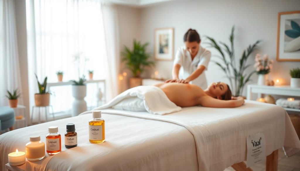 A well-lit and spacious massage parlor setting, showcasing the practice of medical and classical massage techniques. In the foreground, a massage table with crisp white linens and an array of essential oils and lotions. Soft, warm lighting illuminates the scene, creating a serene and calming atmosphere. In the middle ground, a skilled massage therapist, in a pristine white uniform, is performing a deep tissue massage on a client, their facial expression reflecting deep relaxation. The background features soothing decor, such as potted plants, soft-toned walls, and tasteful artwork, enhancing the tranquil ambiance. The overall composition conveys a sense of professionalism, expertise, and the therapeutic benefits of both medical and traditional massage modalities. A well-lit and spacious massage parlor setting, showcasing the practice of medical and classical massage techniques. In the foreground, a massage table with crisp white linens and an array of essential oils and lotions. Soft, warm lighting illuminates the scene, creating a serene and calming atmosphere. In the middle ground, a skilled massage therapist, in a pristine white uniform, is performing a deep tissue massage on a client, their facial expression reflecting deep relaxation. The background features soothing decor, such as potted plants, soft-toned walls, and tasteful artwork, enhancing the tranquil ambiance. The overall composition conveys a sense of professionalism, expertise, and the therapeutic benefits of both medical and traditional massage modalities.
