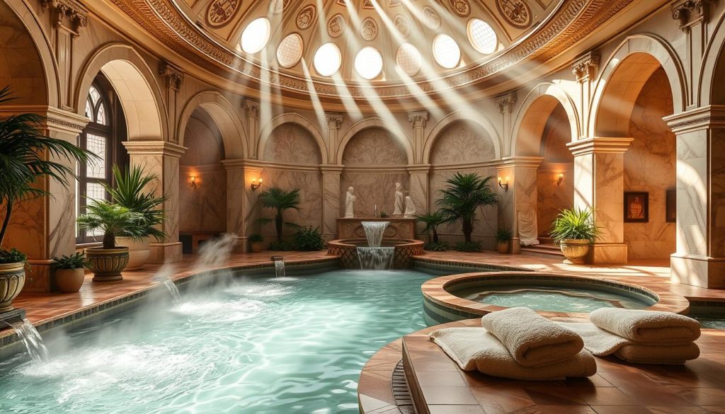 Cozy spa interior with a stunning traditional Turkish hamam experience. Sunlit marble halls, ornate domed ceilings, and inviting pools of warm, cascading water. Plumes of fragrant steam rise from the heated stone surfaces, creating a tranquil, meditative atmosphere. Soft lighting accentuates the intricate tiled patterns, while lush greenery and soothing fountains add to the serene ambiance. Comfortable lounging areas and plush towels invite visitors to relax and unwind in this opulent, timeless oasis of relaxation. Cozy spa interior with a stunning traditional Turkish hamam experience. Sunlit marble halls, ornate domed ceilings, and inviting pools of warm, cascading water. Plumes of fragrant steam rise from the heated stone surfaces, creating a tranquil, meditative atmosphere. Soft lighting accentuates the intricate tiled patterns, while lush greenery and soothing fountains add to the serene ambiance. Comfortable lounging areas and plush towels invite visitors to relax and unwind in this opulent, timeless oasis of relaxation.
