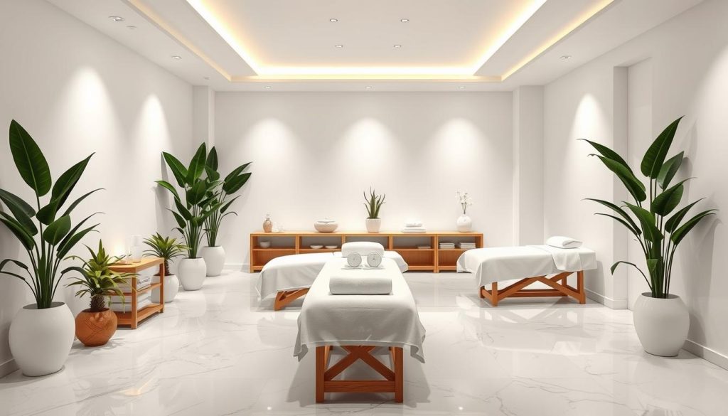 A clean, well-lit massage parlor interior with a serene, spa-like ambiance. Gleaming marble floors, plush massage tables draped in crisp white linens, and soft ambient lighting creating a tranquil, rejuvenating atmosphere. Lush potted plants and minimalist decor elements add a touch of natural elegance. Pristine white walls, meticulously maintained with no visible blemishes or imperfections, conveying a sense of professionalism and hygiene. Strategically placed, high-quality massage equipment stands ready for expert therapists to deliver the ultimate pampering experience. An oasis of relaxation and wellness, this massage salon exudes an air of luxury and attention to detail.