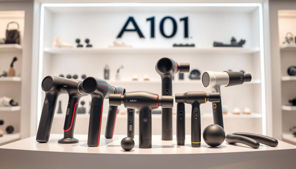 A contemporary and stylish massage device display in a bright, well-lit retail setting. The A101 branded massage tools are arranged in a visually appealing layout, showcasing their sleek, ergonomic designs and diverse functionality. Soft, diffused lighting highlights the high-quality materials and attention to detail. The background features clean, minimalist shelving or display units, allowing the massage products to take center stage. The overall scene conveys a sense of professionalism, quality, and the enticing value propositions of the A101 massage device campaign.