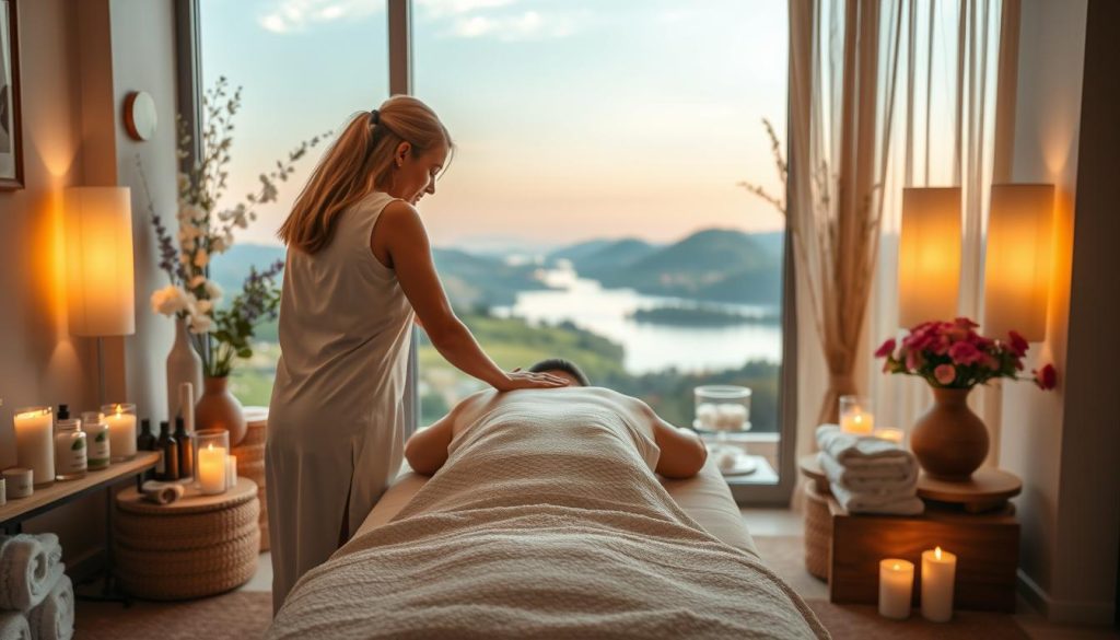 A cozy and inviting massage studio in Beylikdüzü, with warm lighting and soothing floral arrangements. In the foreground, a massage therapist's skilled hands gently kneading the back of a relaxed client, alleviating tension and stress. The middle ground features an array of massage oils, aromatherapy candles, and soft towels, creating a serene and rejuvenating atmosphere. The background showcases a calming landscape of rolling hills and a tranquil lake, evoking a sense of peace and harmony. The overall mood is one of relaxation, restoration, and a deep sense of wellbeing.