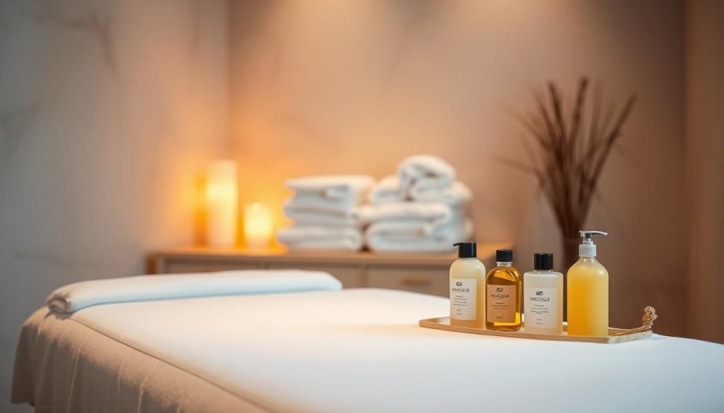 A cozy and inviting scene showcasing an elegant massage service package. A plush massage table stands in the foreground, adorned with crisp white linens and a collection of soothing massage oils and lotions arranged neatly beside it. Soft, indirect lighting bathes the scene in a warm, tranquil glow, creating an atmosphere of relaxation and pampering. In the middle ground, a selection of neatly folded towels and a fluffy robe hint at the attention to detail and luxurious experience awaiting the client. The background features muted, calming colors and subtle, natural textures, enhancing the serene and rejuvenating ambiance. A cozy and inviting scene showcasing an elegant massage service package. A plush massage table stands in the foreground, adorned with crisp white linens and a collection of soothing massage oils and lotions arranged neatly beside it. Soft, indirect lighting bathes the scene in a warm, tranquil glow, creating an atmosphere of relaxation and pampering. In the middle ground, a selection of neatly folded towels and a fluffy robe hint at the attention to detail and luxurious experience awaiting the client. The background features muted, calming colors and subtle, natural textures, enhancing the serene and rejuvenating ambiance.
