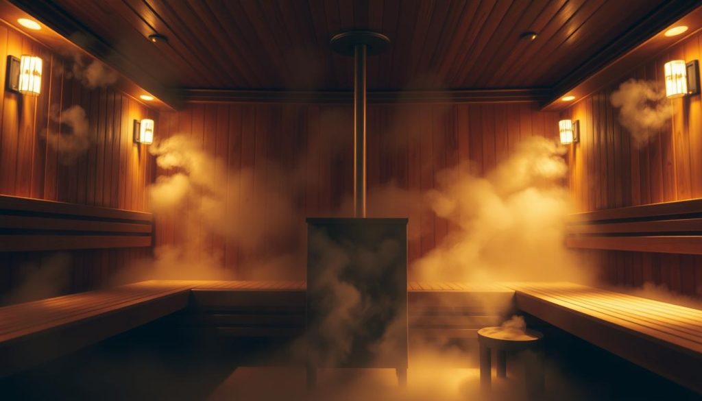 A cozy and serene steam-filled room, dimly lit by warm lighting, with intricate wood paneling and benches. The air is thick with the soothing aroma of eucalyptus, creating a calming and rejuvenating atmosphere. In the center, a large, sleek sauna stove emits a gentle, steady stream of fragrant steam, enveloping the space in a hazy, ethereal glow. The scene is accentuated by the soft, diffused lighting, casting a serene and tranquil mood, inviting one to fully immerse in the therapeutic experience of sauna and steam bathing.