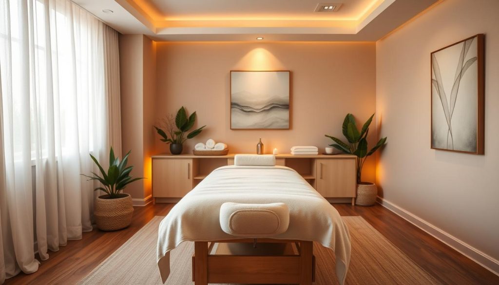 A cozy, well-lit massage room with a comfortable, plush massage table in the center. The table is dressed in soft, high-quality linens and has adjustable elements to accommodate various massage techniques. The room has warm, natural lighting, perhaps from large windows or strategically placed lamps, creating a soothing and calming ambiance. The walls are adorned with soothing, neutral-toned artwork or decorative elements that complement the serene atmosphere. Plants and minimal, tasteful decor add to the tranquil, spa-like feel of the space. The overall composition and attention to detail convey a sense of luxury, relaxation, and the perfect environment for a rejuvenating massage experience. A cozy, well-lit massage room with a comfortable, plush massage table in the center. The table is dressed in soft, high-quality linens and has adjustable elements to accommodate various massage techniques. The room has warm, natural lighting, perhaps from large windows or strategically placed lamps, creating a soothing and calming ambiance. The walls are adorned with soothing, neutral-toned artwork or decorative elements that complement the serene atmosphere. Plants and minimal, tasteful decor add to the tranquil, spa-like feel of the space. The overall composition and attention to detail convey a sense of luxury, relaxation, and the perfect environment for a rejuvenating massage experience.
