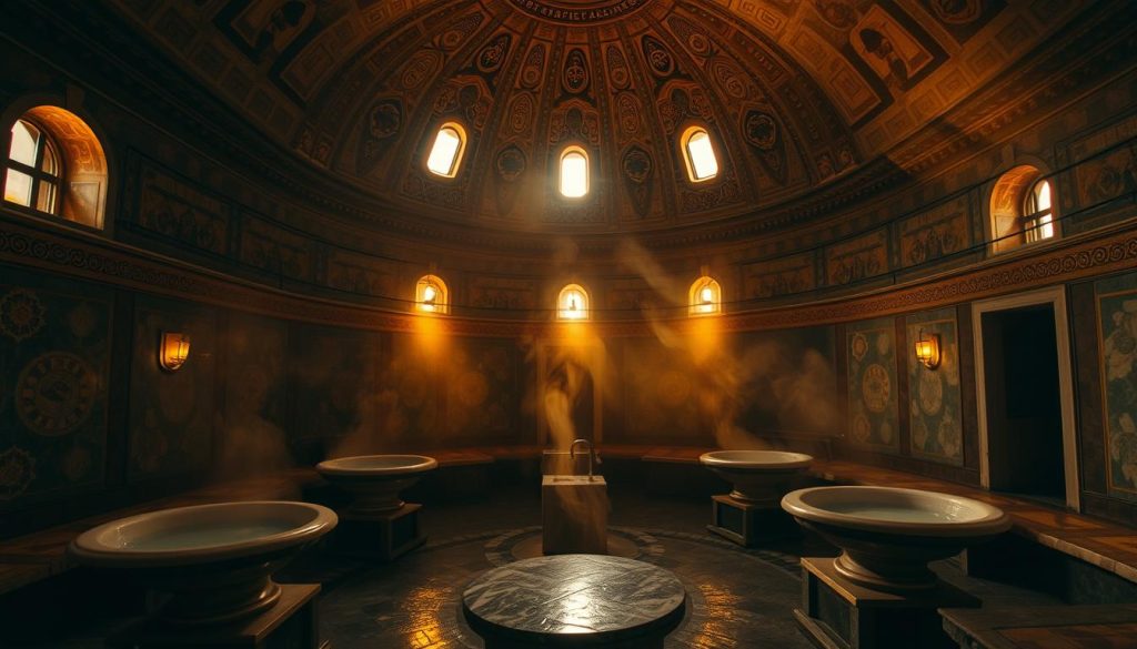 A dimly lit, cavernous Turkish bath chamber with high domed ceilings and intricate tile work. Warm, golden light filters in through small windows, casting a cozy glow on the traditional marble basins and heated stone platforms. Wisps of fragrant steam swirl around the room, creating an atmosphere of tranquility and relaxation. The scene evokes the centuries-old rituals and luxurious pampering of a classic Turkish hammam experience.