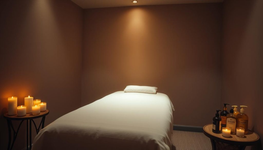 A dimly lit, cozy massage studio with soft ambient lighting and soothing, earthy tones. A plush massage table sits in the center, draped with crisp, white linens. Aromatic candles flicker, casting a warm glow throughout the space. On a side table, an array of massage oils and lotions await, their labels obscured. The atmosphere exudes tranquility and relaxation, inviting the viewer to imagine the personalized, indulgent massage experience that awaits. A dimly lit, cozy massage studio with soft ambient lighting and soothing, earthy tones. A plush massage table sits in the center, draped with crisp, white linens. Aromatic candles flicker, casting a warm glow throughout the space. On a side table, an array of massage oils and lotions await, their labels obscured. The atmosphere exudes tranquility and relaxation, inviting the viewer to imagine the personalized, indulgent massage experience that awaits.