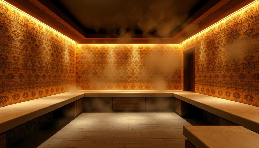 A dimly lit, luxurious fitness sauna and hamam experience with warm, gentle lighting casting a soothing glow. The steam-filled room is adorned with intricate, ornate tiles in rich earthy tones, creating an atmosphere of tranquility and relaxation. Smooth, polished marble benches line the walls, inviting guests to unwind and rejuvenate. Soft, diffused lighting highlights the ornate architectural details, while billowing steam adds a sense of mystery and serenity. The scene conveys a serene, spa-like ambiance, perfectly suited for a moment of respite and rejuvenation. A dimly lit, luxurious fitness sauna and hamam experience with warm, gentle lighting casting a soothing glow. The steam-filled room is adorned with intricate, ornate tiles in rich earthy tones, creating an atmosphere of tranquility and relaxation. Smooth, polished marble benches line the walls, inviting guests to unwind and rejuvenate. Soft, diffused lighting highlights the ornate architectural details, while billowing steam adds a sense of mystery and serenity. The scene conveys a serene, spa-like ambiance, perfectly suited for a moment of respite and rejuvenation.