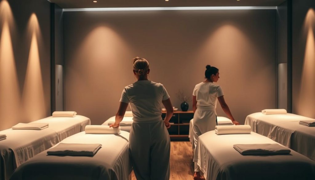 A dimly lit massage studio, with soft lighting casting a warm glow. Professional massage therapists, dressed in clean, crisp uniforms, move with graceful, practiced motions as they tend to their clients. The room is filled with the soothing scent of essential oils, and the ambiance is one of tranquility and relaxation. Plush massage tables, draped in clean linens, invite visitors to sink into a state of pure bliss. The therapists' skilled hands work in synchrony, kneading away tension and stress, leaving clients feeling rejuvenated and renewed.