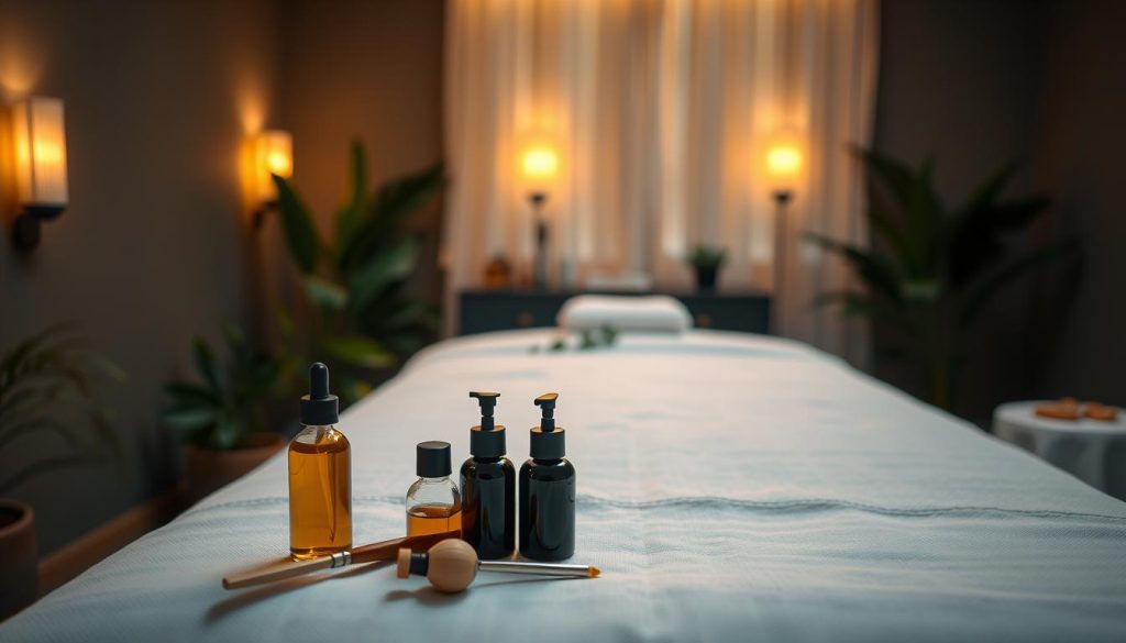A dimly lit room with warm, soft lighting. The focal point is a massage table with crisp white linens, surrounded by soothing greenery and natural elements. In the foreground, a set of professional-grade massage tools and oils are neatly arranged, hinting at the expert techniques to be applied. The atmosphere is tranquil and serene, conveying a sense of relaxation and rejuvenation. The camera angle is slightly elevated, capturing the scene from an angle that suggests the viewer is about to experience the massage firsthand. The overall mood is one of comfort, care, and the promise of a truly transformative therapeutic experience.