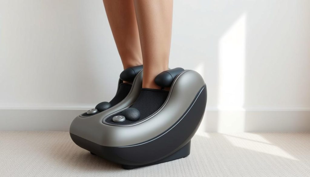 A high-quality, modern leg massage device with ergonomic design and advanced massage mechanisms. The device features multiple massage heads that target specific pressure points on the legs, providing a soothing and therapeutic massage experience. Soft, gentle vibrations and kneading motions help relieve muscle tension, improve blood circulation, and alleviate leg aches and pains. The device is sleek and compact, with a matte finish and minimalist aesthetic that blends seamlessly into any home decor. Illuminated controls allow for easy adjustment of massage intensity and duration. Set against a neutral, softly lit background, the massage device is the central focus, showcasing its functional design and calming therapeutic benefits. A high-quality, modern leg massage device with ergonomic design and advanced massage mechanisms. The device features multiple massage heads that target specific pressure points on the legs, providing a soothing and therapeutic massage experience. Soft, gentle vibrations and kneading motions help relieve muscle tension, improve blood circulation, and alleviate leg aches and pains. The device is sleek and compact, with a matte finish and minimalist aesthetic that blends seamlessly into any home decor. Illuminated controls allow for easy adjustment of massage intensity and duration. Set against a neutral, softly lit background, the massage device is the central focus, showcasing its functional design and calming therapeutic benefits.