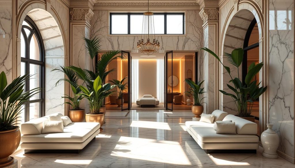 A luxurious Istanbul spa center with a serene and sophisticated ambiance. The entrance features a grand, marble-clad facade with intricate architectural details. Inside, the lobby exudes a calming atmosphere, with plush seating areas and lush potted plants. Sunlight filters through large windows, casting a warm glow over the space. Beyond, a series of private treatment rooms are accessible, each outfitted with high-end amenities and soothing decor. Soft lighting, natural materials, and a tranquil color palette create a harmonious and rejuvenating environment. The spa's Turkish-inspired design seamlessly blends modern elegance with traditional influences, inviting guests to indulge in a truly luxurious and relaxing experience.