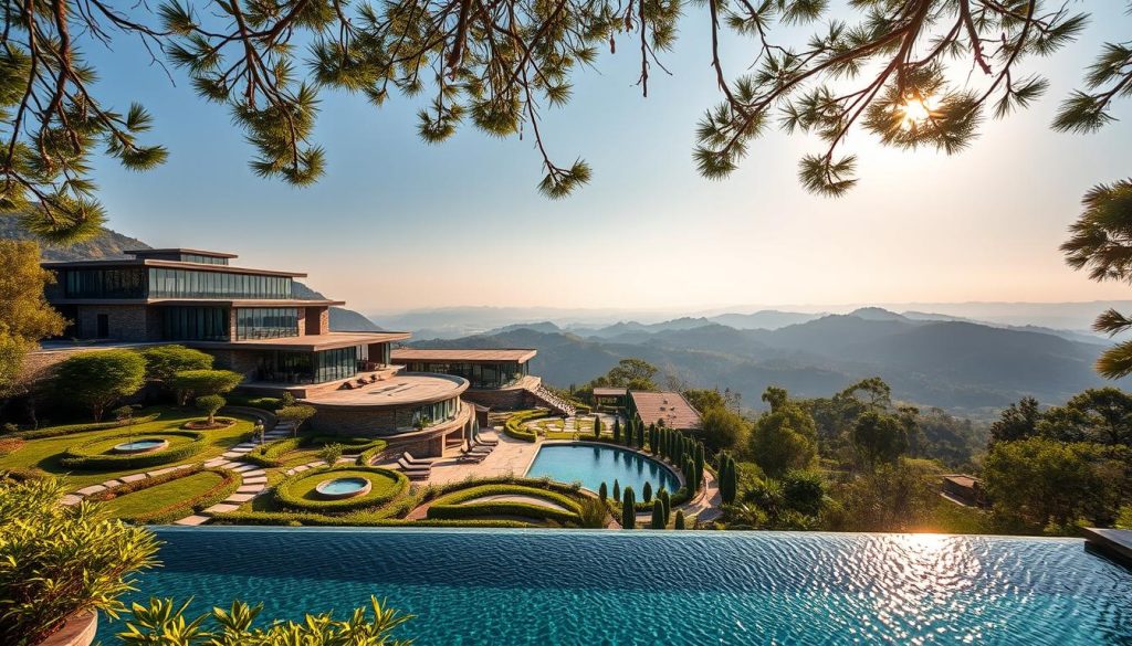 A luxurious spa resort nestled in a serene, lush landscape. The main building, a modern masterpiece of glass and stone, reflects the sun's rays, creating a warm, inviting atmosphere. Surrounding it, a series of well-manicured gardens, dotted with tranquil water features and meandering paths, invite guests to unwind and rejuvenate. In the foreground, a stunning infinity pool overlooks a panoramic view of rolling hills, creating a sense of peace and seclusion. Soft, natural lighting filters through the space, highlighting the high-end amenities and spa facilities within, including massage rooms, saunas, and relaxation lounges. An oasis of luxury and relaxation, this spa resort offers a truly restorative experience.