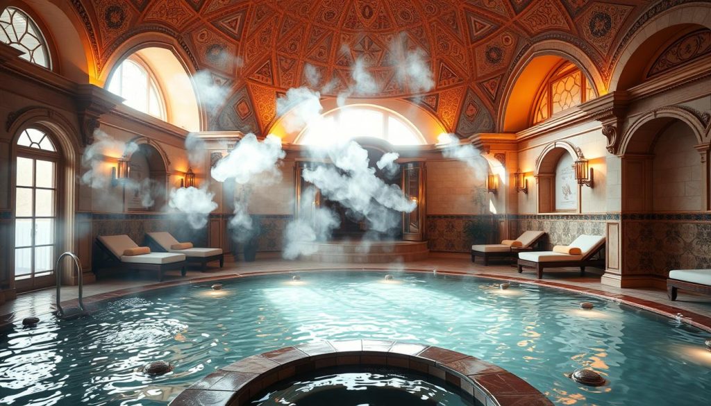 A luxurious spa setting with a traditional Turkish hammam, or "hamam", as the focal point. The sunlit, domed interior is adorned with intricate tiles, ornate archways, and plush lounging areas. Wisps of steam drift through the air, creating a soothing, tranquil atmosphere. Soft, warm lighting casts a gentle glow, complementing the rich, earthy tones of the marble and wood accents. In the foreground, a serene pool of heated water reflects the opulent surroundings, inviting visitors to immerse themselves in the restorative "spa ve hamam keyfi" experience.