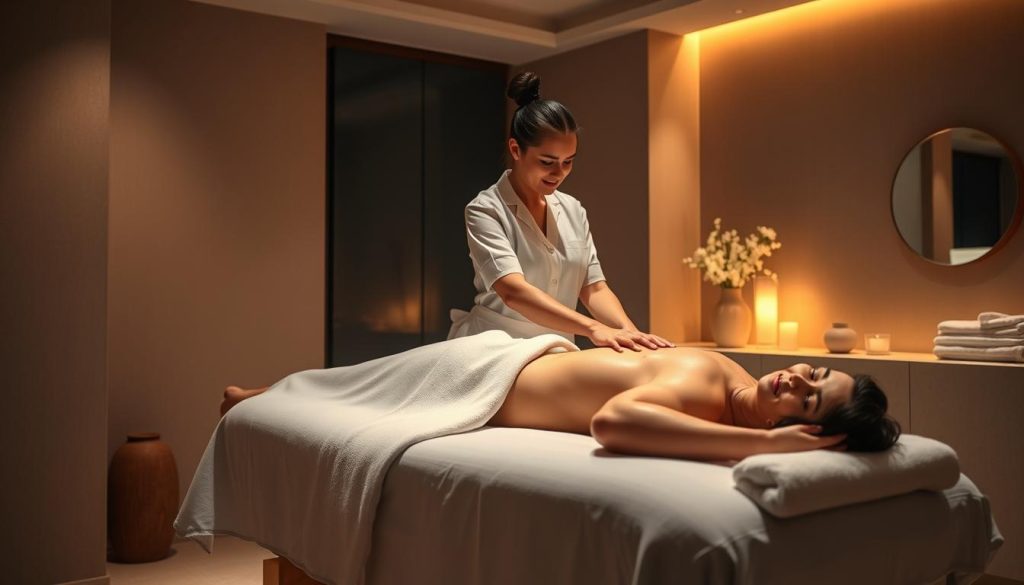 A luxurious spa setting with a tranquil, dimly lit massage room. A professional masseuse, dressed in a crisp white uniform, gently kneads the back of a reclining client on a plush massage table. Soft, warm lighting casts a soothing glow, creating an atmosphere of relaxation and rejuvenation. Subtle botanical accents, such as potted plants or fresh flowers, complement the serene ambiance. The room's neutral tones and clean, modern design exude an air of sophistication and wellness. The client's expression conveys a sense of deep relaxation and relief, as the skilled masseuse expertly alleviates muscle tension. A luxurious spa setting with a tranquil, dimly lit massage room. A professional masseuse, dressed in a crisp white uniform, gently kneads the back of a reclining client on a plush massage table. Soft, warm lighting casts a soothing glow, creating an atmosphere of relaxation and rejuvenation. Subtle botanical accents, such as potted plants or fresh flowers, complement the serene ambiance. The room's neutral tones and clean, modern design exude an air of sophistication and wellness. The client's expression conveys a sense of deep relaxation and relief, as the skilled masseuse expertly alleviates muscle tension.