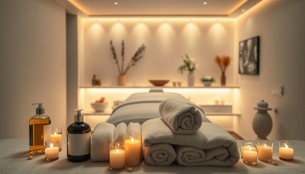 A modern and luxurious massage parlor set in a serene, dimly lit ambiance. The foreground features an array of massage oils, towels, and soothing candles, conveying a tranquil and rejuvenating atmosphere. The middle ground showcases a plush massage table with crisp white linens, surrounded by elegant decor and soft, diffused lighting. In the background, a minimalist wall design and subtle nature-inspired accents create a calming, spa-like environment. The overall mood is one of relaxation, indulgence, and professional expertise in the art of massage therapy.