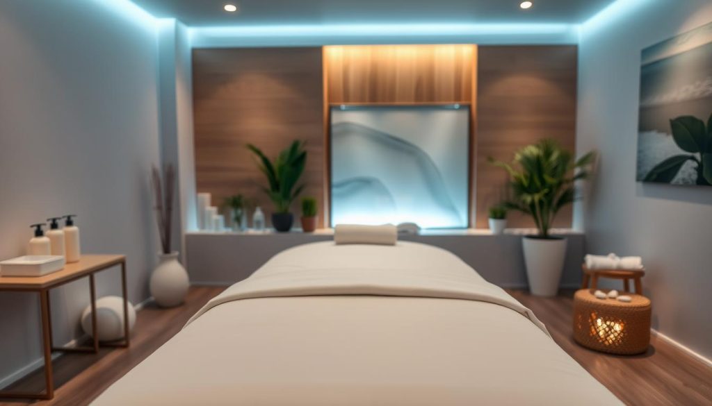 A modern, well-equipped massage studio with a serene, spa-like atmosphere. The foreground features a plush massage table with crisp, white linens and a selection of premium massage oils and lotions. In the middle ground, soft mood lighting illuminates the minimalist, yet elegant decor - think natural wood accents, potted plants, and calming neutral tones. The background showcases a soothing water feature or tranquil, abstract artwork. The overall impression is one of professional expertise, luxurious relaxation, and a commitment to personalized, high-quality massage services.