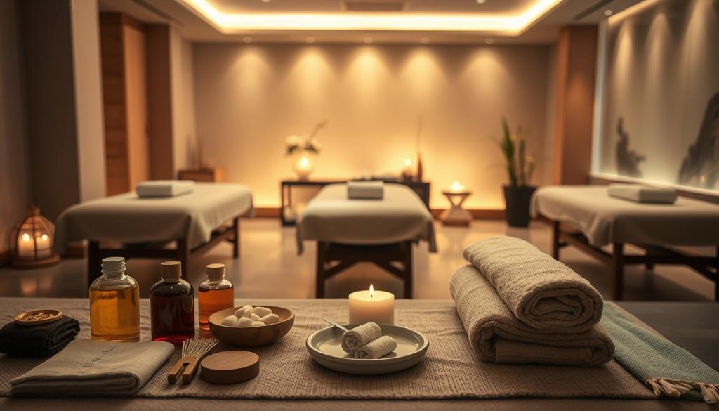 A peaceful, spa-like setting with various massage techniques on display. The foreground showcases a selection of massage tools, oils, and towels arranged neatly. The middle ground features a tranquil, dimly lit room with plush, inviting massage tables and soothing lighting. The background depicts a serene, nature-inspired ambiance with soft, warm hues, possibly including natural elements like plants or a calming water feature. The overall atmosphere should convey a sense of relaxation, harmony, and the expertise of Avcılar Hilton Hotel's massage services. A peaceful, spa-like setting with various massage techniques on display. The foreground showcases a selection of massage tools, oils, and towels arranged neatly. The middle ground features a tranquil, dimly lit room with plush, inviting massage tables and soothing lighting. The background depicts a serene, nature-inspired ambiance with soft, warm hues, possibly including natural elements like plants or a calming water feature. The overall atmosphere should convey a sense of relaxation, harmony, and the expertise of Avcılar Hilton Hotel's massage services.
