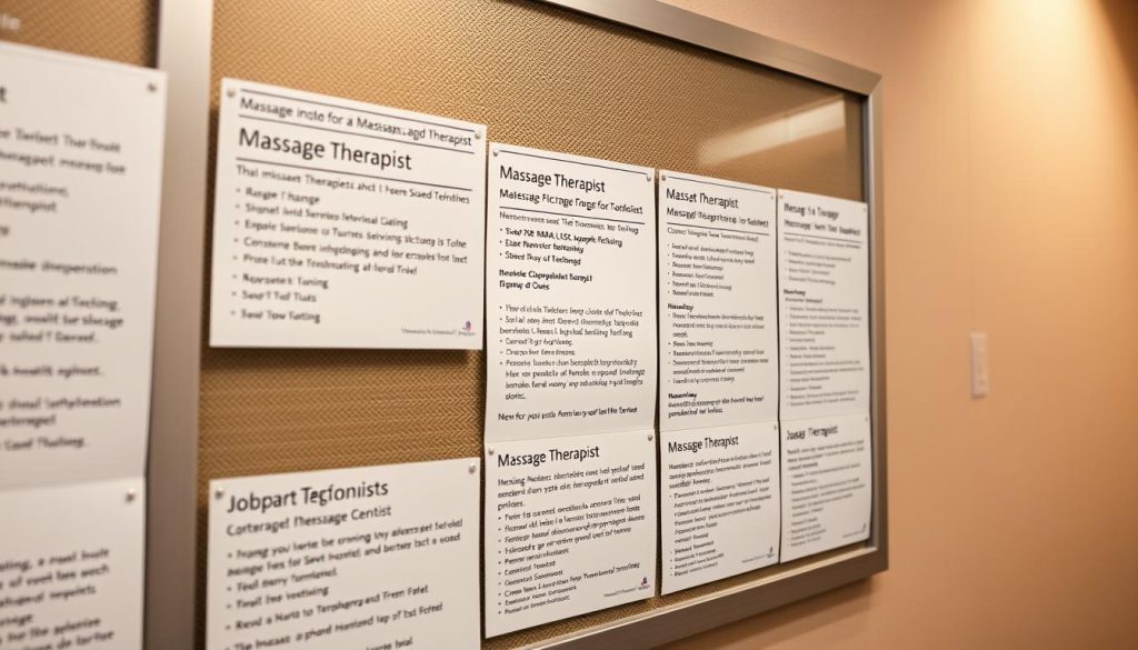 A professional-looking bulletin board displaying various job postings for massage therapists, showcasing detailed information about salary ranges, job responsibilities, and required qualifications. The board is well-organized, with neatly printed listings in a clean, minimalist style. The lighting is soft and diffused, creating a warm, inviting atmosphere. The angle captures the board in its entirety, with a slight perspective to convey a sense of depth and professionalism. The background is a neutral, unobtrusive tone that allows the job postings to be the focal point.