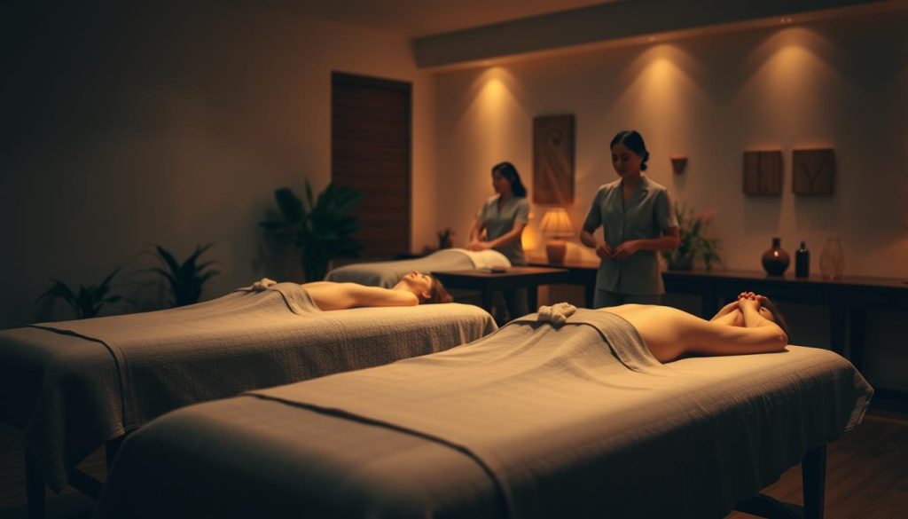A serene and calming scene of professional massage therapists expertly guiding clients through a rejuvenating experience. A dimly lit room with soft, warm lighting creates an atmosphere of tranquility. Plush massage tables occupy the foreground, inviting the viewer to indulge in the therapeutic touch. In the middle ground, skilled therapists perform graceful, fluid movements, their hands working in harmony to alleviate tension and promote relaxation. The background features soothing natural elements, such as potted plants and natural textures, further enhancing the serene ambiance. The overall composition evokes a sense of harmony, balance, and the promise of a truly restorative massage session. A serene and calming scene of professional massage therapists expertly guiding clients through a rejuvenating experience. A dimly lit room with soft, warm lighting creates an atmosphere of tranquility. Plush massage tables occupy the foreground, inviting the viewer to indulge in the therapeutic touch. In the middle ground, skilled therapists perform graceful, fluid movements, their hands working in harmony to alleviate tension and promote relaxation. The background features soothing natural elements, such as potted plants and natural textures, further enhancing the serene ambiance. The overall composition evokes a sense of harmony, balance, and the promise of a truly restorative massage session.