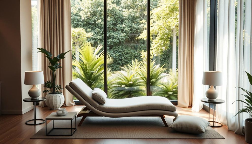 A serene and inviting interior setting with modern furniture and decor, bathed in warm, natural lighting. The focal point is a comfortable-looking chaise lounge in a neutral, calming color palette. Surrounding it are sleek, minimalist side tables and lamps, creating a soothing and tranquil atmosphere. In the background, a large window overlooks a lush, verdant garden, adding a sense of peace and connection to nature. The overall scene conveys a space dedicated to healing, relaxation and personal wellbeing.