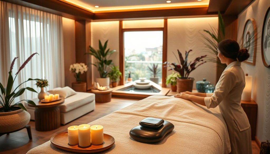 A serene and inviting massage studio nestled in the heart of Istanbul, filled with soft lighting, plush furnishings, and the soothing aroma of essential oils. The foreground features a professional masseuse in a crisp white uniform, their skilled hands working to alleviate tension and promote relaxation. The middle ground showcases a range of massage tools and accoutrements, including heated stones, aromatic candles, and soothing music playing in the background. The background depicts a calming, natural environment, with lush plants and a tranquil water feature, creating a sense of serenity and escape from the bustling city outside. A serene and inviting massage studio nestled in the heart of Istanbul, filled with soft lighting, plush furnishings, and the soothing aroma of essential oils. The foreground features a professional masseuse in a crisp white uniform, their skilled hands working to alleviate tension and promote relaxation. The middle ground showcases a range of massage tools and accoutrements, including heated stones, aromatic candles, and soothing music playing in the background. The background depicts a calming, natural environment, with lush plants and a tranquil water feature, creating a sense of serenity and escape from the bustling city outside.