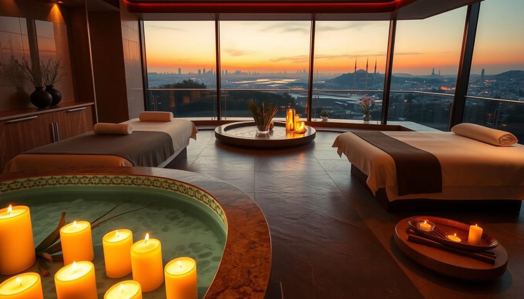 A serene and luxurious spa experience in Istanbul, with plush massage tables surrounded by elegant decor. Soft, warm lighting casts a calming glow, accentuating the polished stone surfaces and natural wood accents. In the foreground, an assortment of aromatic candles and botanical elements create a soothing ambiance. The middle ground features a tranquil water feature, its gentle sounds contributing to the overall sense of relaxation. The background showcases a panoramic view of the city skyline, hinting at the high-end nature of this exclusive spa retreat. The overall atmosphere evokes a profound sense of rejuvenation and indulgence.