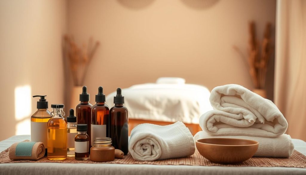 A serene and soothing massage therapy session, captured in a warm, softly lit environment. The foreground features an array of massage oils, towels, and tools neatly arranged, hinting at the variety of techniques to be explored. In the middle ground, a tranquil massage table with plush linens awaits, inviting the viewer to envision the relaxing experience. The background showcases a calming, minimalist setting with natural textures and muted colors, creating an atmosphere of pure zen. Subtle highlights and shadows accentuate the scene, conveying a sense of balance and harmony. The overall composition evokes a deeply restorative and rejuvenating massage experience. A serene and soothing massage therapy session, captured in a warm, softly lit environment. The foreground features an array of massage oils, towels, and tools neatly arranged, hinting at the variety of techniques to be explored. In the middle ground, a tranquil massage table with plush linens awaits, inviting the viewer to envision the relaxing experience. The background showcases a calming, minimalist setting with natural textures and muted colors, creating an atmosphere of pure zen. Subtle highlights and shadows accentuate the scene, conveying a sense of balance and harmony. The overall composition evokes a deeply restorative and rejuvenating massage experience.