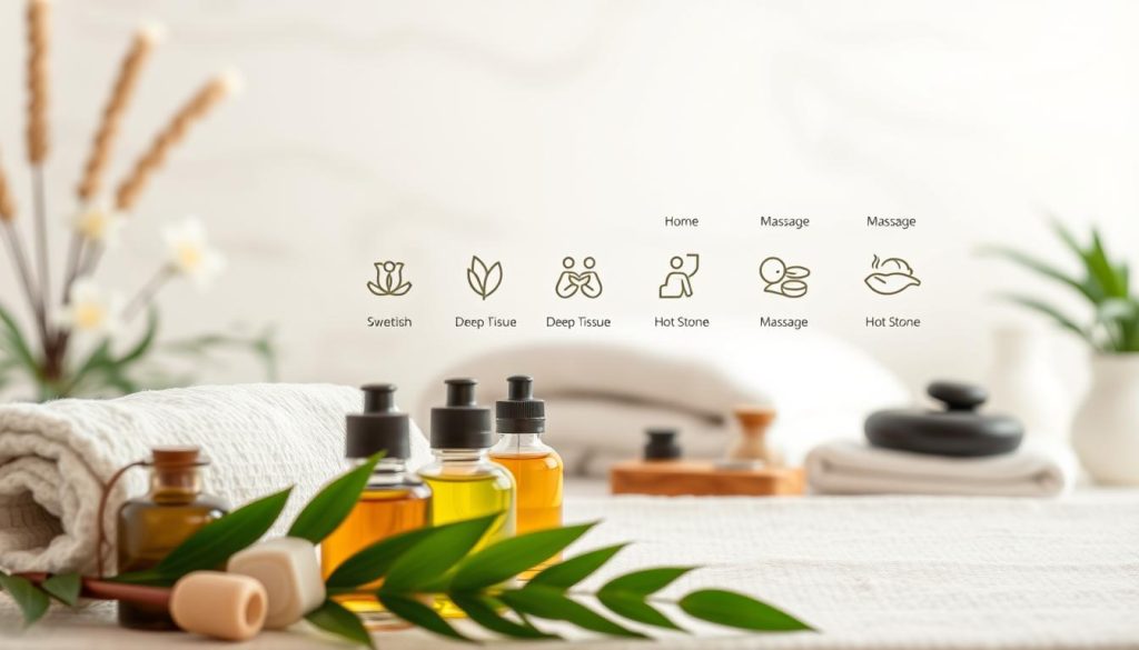 A serene and tranquil massage parlor setting, featuring an array of massage modalities. In the foreground, various massage tools and oils are neatly arranged, conveying a sense of professionalism and care. The middle ground showcases a selection of massage techniques, such as Swedish, deep tissue, and hot stone, each represented by a minimalist icon or symbol. The background depicts a calming, spa-like atmosphere with soft lighting, natural textures, and soothing colors, creating an inviting and relaxing ambiance. The overall composition emphasizes the diverse range of massage services available, while maintaining a clean, elegant, and visually appealing aesthetic.