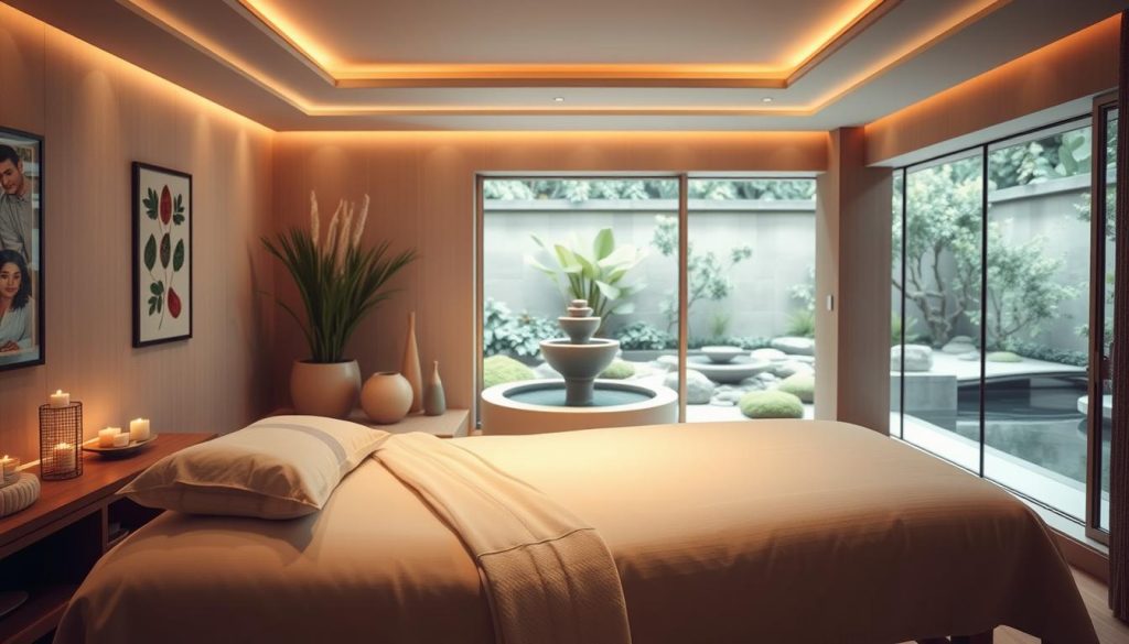 A serene and tranquil spa experience with a cozy, inviting ambiance. The interior features warm, natural tones, clean lines, and a harmonious blend of modern and traditional design elements. Soft, diffused lighting casts a soothing glow, creating a relaxing atmosphere. The foreground showcases a luxurious massage table, with high-quality linens and plush pillows, ready to provide a professional and rejuvenating treatment. In the middle ground, elegant decor and calming water features, such as a small fountain, add to the overall sense of calm. The background depicts a zen-inspired garden with lush greenery and a serene water body, evoking a tranquil, spa-like experience. A serene and tranquil spa experience with a cozy, inviting ambiance. The interior features warm, natural tones, clean lines, and a harmonious blend of modern and traditional design elements. Soft, diffused lighting casts a soothing glow, creating a relaxing atmosphere. The foreground showcases a luxurious massage table, with high-quality linens and plush pillows, ready to provide a professional and rejuvenating treatment. In the middle ground, elegant decor and calming water features, such as a small fountain, add to the overall sense of calm. The background depicts a zen-inspired garden with lush greenery and a serene water body, evoking a tranquil, spa-like experience.