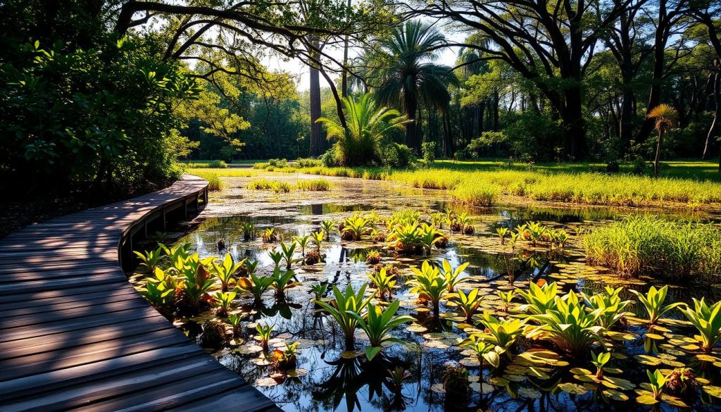 A serene and tranquil wetland scene, with lush foliage and still, reflective waters. Sunlight filters through the canopy, casting a warm, golden glow across the landscape. In the foreground, a wooden boardwalk winds its way through the delicate ecosystem, inviting exploration. Vibrant aquatic plants sway gently in the current, their reflection mirrored on the surface. The background is filled with towering trees, their branches reaching skyward, creating a sense of depth and natural harmony. The overall atmosphere is one of peaceful contemplation, highlighting the beauty and importance of this protected wetland area. A serene and tranquil wetland scene, with lush foliage and still, reflective waters. Sunlight filters through the canopy, casting a warm, golden glow across the landscape. In the foreground, a wooden boardwalk winds its way through the delicate ecosystem, inviting exploration. Vibrant aquatic plants sway gently in the current, their reflection mirrored on the surface. The background is filled with towering trees, their branches reaching skyward, creating a sense of depth and natural harmony. The overall atmosphere is one of peaceful contemplation, highlighting the beauty and importance of this protected wetland area.