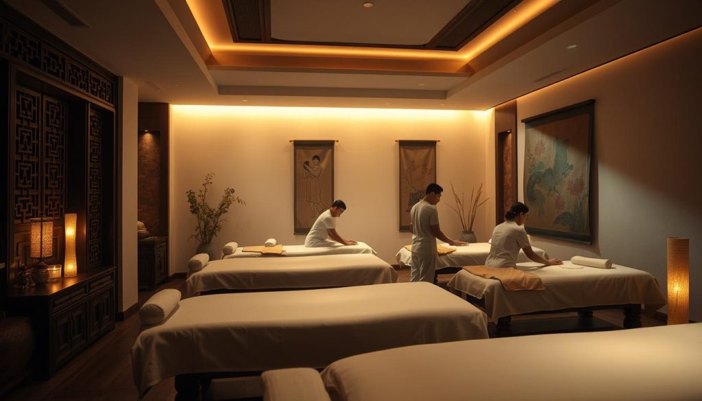 A serene, dimly lit massage studio in a traditional Far Eastern style. Gentle lighting casts a warm, tranquil glow, illuminating intricate woodcarvings and elegant silk wall hangings. Plush, cushioned massage tables are arranged in a calming, minimalist layout. Elegant, nimble-fingered massage practitioners perform time-honored techniques, their movements flowing with graceful precision. The air is suffused with the soothing aromas of fragrant essential oils. An atmosphere of profound relaxation and restorative rejuvenation pervades the space.