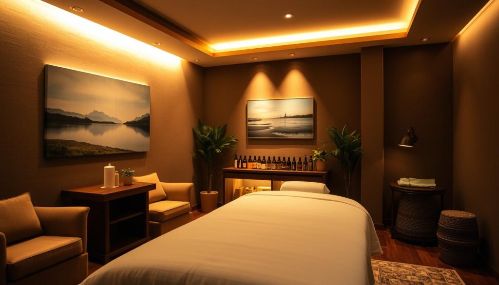 A serene, dimly lit massage studio with plush, earthy-toned furnishings and soft, diffused lighting. Warm, wooden accents and soothing textures create an atmosphere of tranquility and comfort. In the foreground, a massage table draped in crisp, clean linens awaits, promising a restorative experience. The middle ground features a display of essential oils and natural wellness products, conveying a sense of expertise and professionalism. In the background, a tranquil landscape painting or potted plants add a natural, calming element. The overall mood is one of relaxation, trust, and the assurance of a skilled, experienced masseuse.