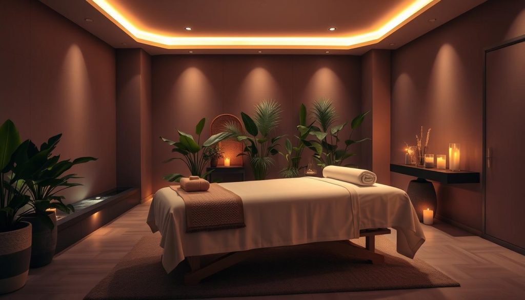 A serene, dimly lit massage studio with soft lighting and soothing ambiance. A plush massage table takes center stage, draped in crisp, white linens. Lush, tropical plants and calming water features adorn the space, creating a tranquil, spa-like atmosphere. Warm, diffused lighting casts a comforting glow, accentuating the high-quality, professional-grade massage equipment. The scene exudes a sense of relaxation, inviting the viewer to imagine the restorative, 24-hour massage services offered within.