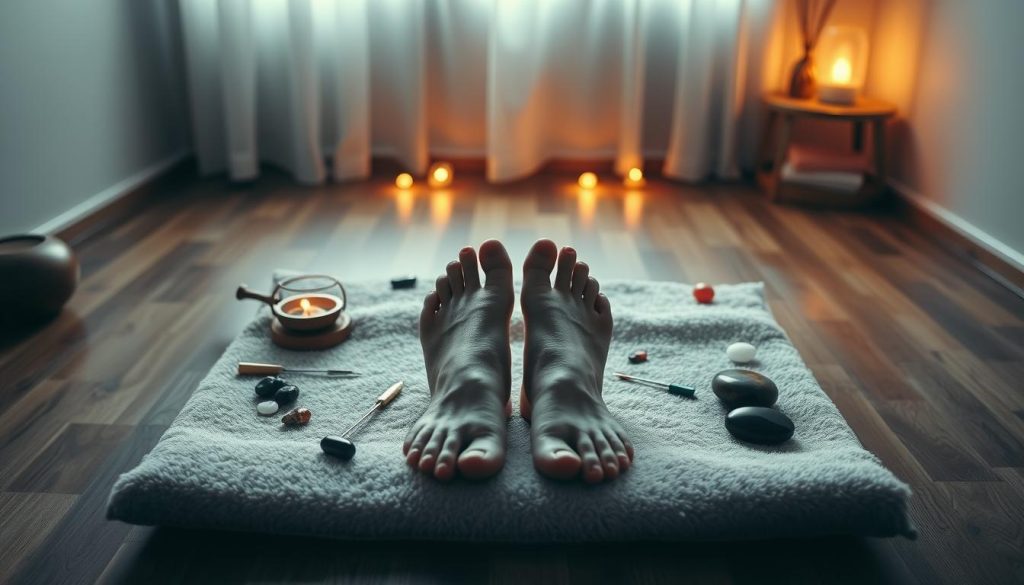 A serene, dimly lit room with a wooden floor and soft ambient lighting. In the center, a pair of feet rests on a plush reflexology massage mat, the soles illuminated by warm, diffused light. Surrounding the feet, an array of acupuncture needles, chakra stones, and other healing tools are meticulously arranged, creating a calming, therapeutic atmosphere. The composition emphasizes the tranquility and focus of the reflexology and acupuncture practices, inviting the viewer to experience the restorative power of these ancient therapies.