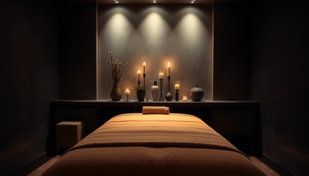 A serene, dimly lit spa-like setting with a wooden massage table in the foreground. Soft, warm lighting illuminates the table, creating a cozy, relaxing atmosphere. In the middle ground, elegant decorative elements like potted plants and candles add to the tranquil ambiance. The background features muted, abstract patterns on the walls, evoking a sense of depth and privacy. The scene conveys a calming, luxurious experience of a deep tissue massage, perfect for a high-end boutique spa.