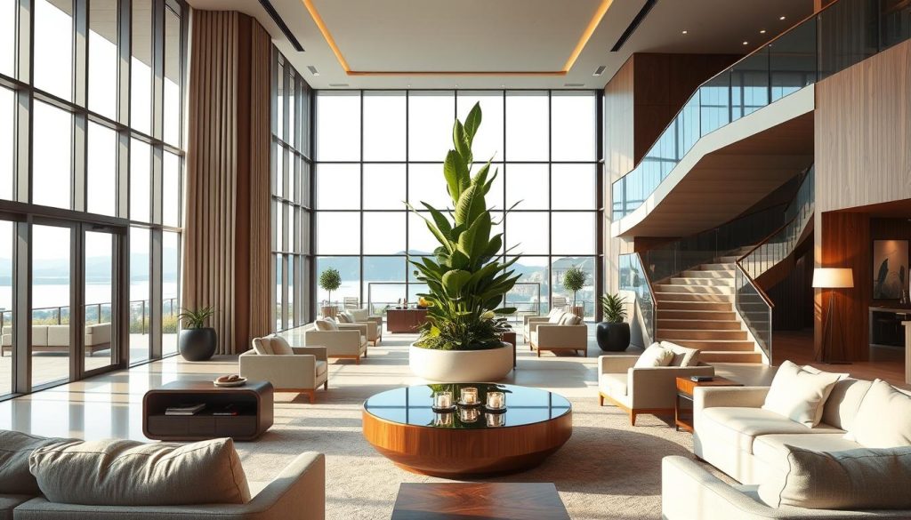 A serene, luxurious spa hotel lobby with an elegant, minimalist design. The foreground features plush, contemporary furniture in soothing tones, complemented by natural wood accents and a grand, sweeping staircase leading to the upper levels. In the middle ground, a large, lush indoor plant display adds a touch of greenery, while the background showcases floor-to-ceiling windows offering panoramic views of a picturesque outdoor landscape. The lighting is soft and warm, creating a tranquil, rejuvenating atmosphere. The camera angle is slightly elevated, capturing the grandeur and sophistication of the space. The overall composition conveys a sense of luxury, serenity, and wellness, reflecting the essence of a premier spa hotel brand. A serene, luxurious spa hotel lobby with an elegant, minimalist design. The foreground features plush, contemporary furniture in soothing tones, complemented by natural wood accents and a grand, sweeping staircase leading to the upper levels. In the middle ground, a large, lush indoor plant display adds a touch of greenery, while the background showcases floor-to-ceiling windows offering panoramic views of a picturesque outdoor landscape. The lighting is soft and warm, creating a tranquil, rejuvenating atmosphere. The camera angle is slightly elevated, capturing the grandeur and sophistication of the space. The overall composition conveys a sense of luxury, serenity, and wellness, reflecting the essence of a premier spa hotel brand.