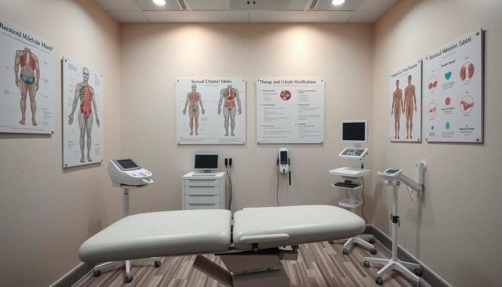 A serene medical office with soft lighting and neutral tones. On the walls, anatomical diagrams and charts showcasing various treatment methods for sexual dysfunction, including medication, therapy, and lifestyle modifications. A sleek, minimalist examination table in the foreground, surrounded by discreet medical equipment. The atmosphere exudes professionalism, empathy, and a focus on holistic patient care. The scene conveys a sense of trust, discretion, and the availability of specialized, evidence-based treatments for those seeking to improve their sexual health and well-being.