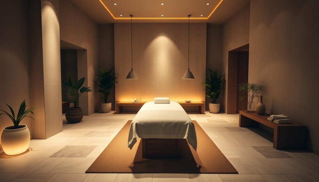 A serene, modern spa-like interior with soft lighting and a tranquil ambiance. A centrally positioned massage table surrounded by sleek, minimalist furnishings in warm, earthy tones. Potted plants and natural materials like wood and stone create a soothing, natural atmosphere. Indirect lighting highlights the clean lines and elegant simplicity of the space, conveying a sense of relaxation and rejuvenation. The camera angle captures the scene from a slightly elevated perspective, emphasizing the spaciousness and inviting atmosphere of the "Hizmet ve Fırsatlar" area. A serene, modern spa-like interior with soft lighting and a tranquil ambiance. A centrally positioned massage table surrounded by sleek, minimalist furnishings in warm, earthy tones. Potted plants and natural materials like wood and stone create a soothing, natural atmosphere. Indirect lighting highlights the clean lines and elegant simplicity of the space, conveying a sense of relaxation and rejuvenation. The camera angle captures the scene from a slightly elevated perspective, emphasizing the spaciousness and inviting atmosphere of the "Hizmet ve Fırsatlar" area.