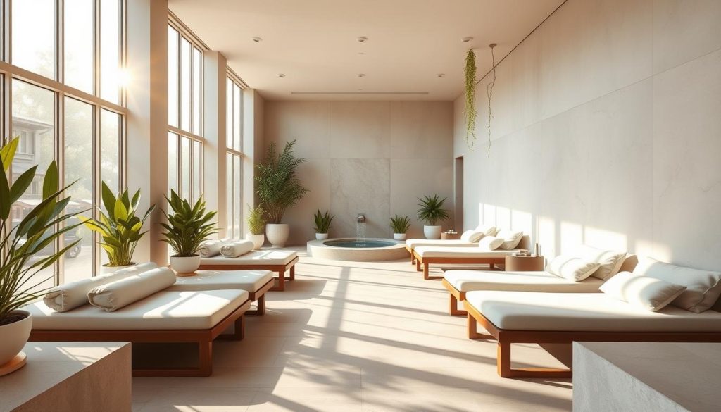 A serene spa-like oasis in the heart of the bustling Bağdat Caddesi, featuring a harmonious blend of natural elements. Sunlight filters through large windows, casting a warm, inviting glow on the minimalist, yet luxurious interior. Smooth, polished stone floors lead to a central relaxation area with comfortable loungers and plush pillows. Lush potted plants and cascading greenery add a sense of tranquility, while the gentle murmur of a water feature soothes the senses. Soft, muted tones create a calming atmosphere, inviting visitors to unwind and indulge in a wellness experience that transports them away from the city's hustle and bustle.