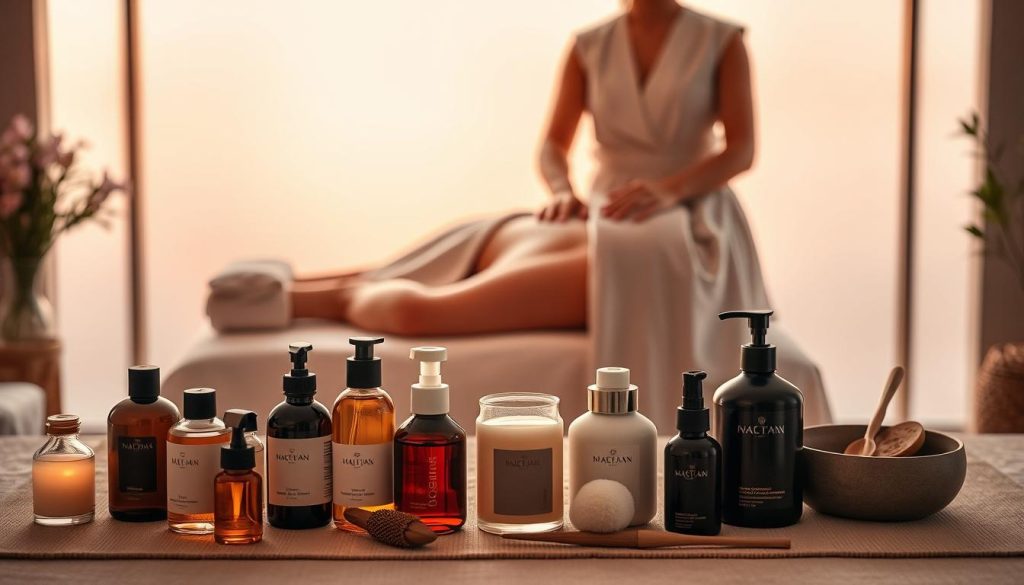 A serene spa-like setting with various massage techniques on display. In the foreground, a table showcases an array of massage oils, lotions, and tools. In the middle, a tranquil scene unfolds with a masseuse demonstrating different massage strokes on a client's back, capturing the essence of various techniques. The background features soft, muted colors, creating a calming ambiance reminiscent of a high-end wellness center. The lighting is warm and diffused, casting a soothing glow over the scene. The overall composition conveys a sense of relaxation, expertise, and the art of massage. A serene spa-like setting with various massage techniques on display. In the foreground, a table showcases an array of massage oils, lotions, and tools. In the middle, a tranquil scene unfolds with a masseuse demonstrating different massage strokes on a client's back, capturing the essence of various techniques. The background features soft, muted colors, creating a calming ambiance reminiscent of a high-end wellness center. The lighting is warm and diffused, casting a soothing glow over the scene. The overall composition conveys a sense of relaxation, expertise, and the art of massage.