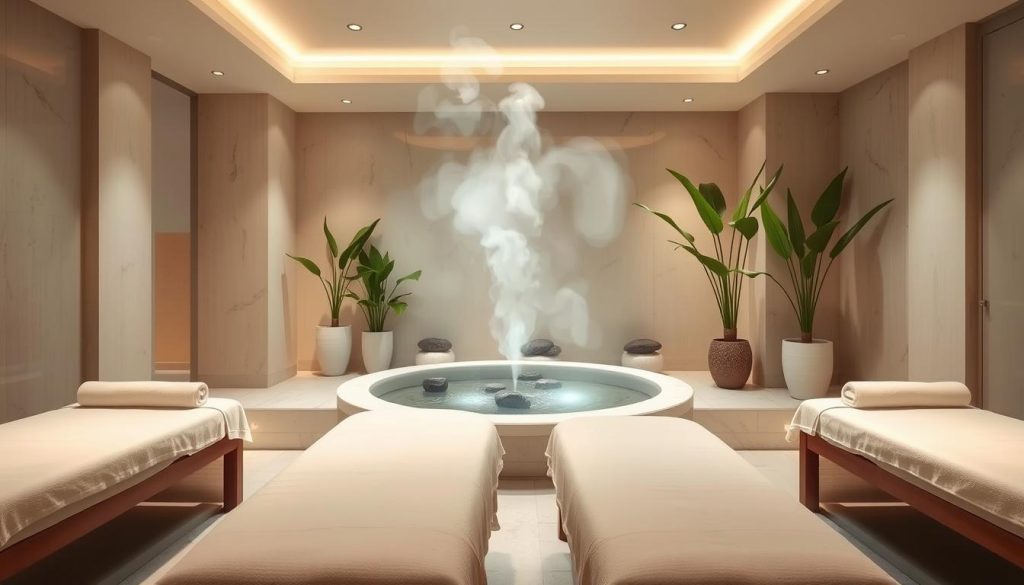 A serene spa sanctuary, with a tranquil ambiance and soothing natural elements. Soft, diffused lighting illuminates the elegant, minimalist interior, where sleek massage tables are surrounded by lush potted plants and smooth river rocks. Gentle steam mists rise from a central water feature, creating a calming, therapeutic atmosphere. The scene exudes a sense of relaxation and rejuvenation, inviting the viewer to immerse themselves in the luxurious spa experience. The image captures the essence of modern, high-end spa therapies, showcasing the latest trends in wellness and self-care.