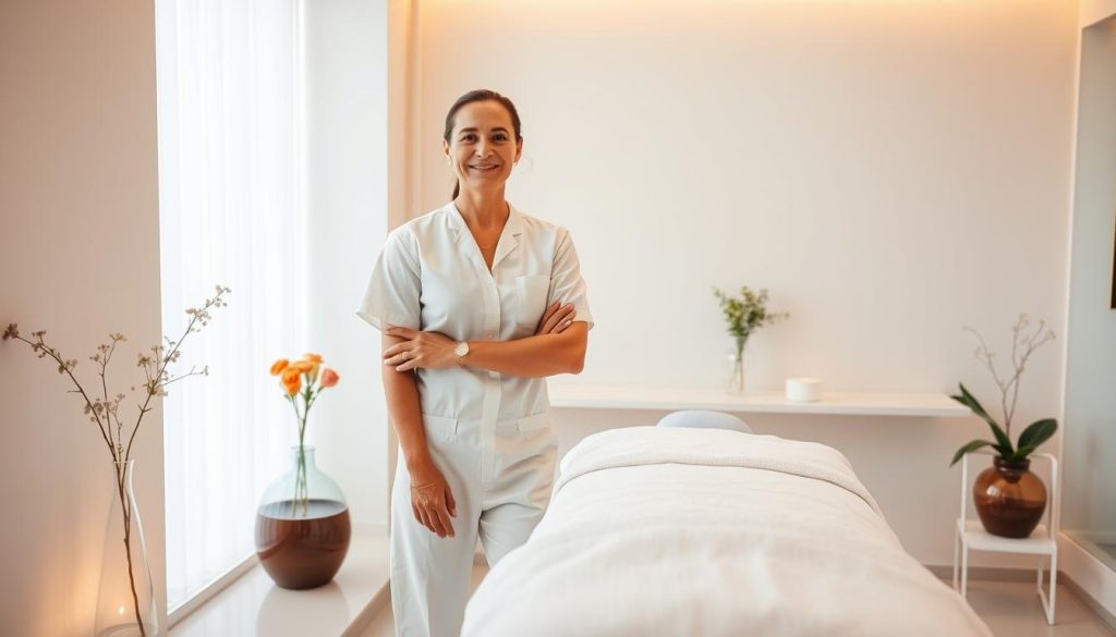 A skilled massage therapist standing in a tranquil, minimalist treatment room. Soft, warm lighting bathes the scene, creating a serene atmosphere. The therapist, dressed in crisp, clean attire, exudes a sense of professionalism and expertise. Vases of fresh flowers and potted plants add natural accents, complementing the zen-like ambiance. The room features clean, polished surfaces and high-quality massage equipment, conveying a focus on quality and customer care. The therapist's posture and expression radiate a calm, attentive demeanor, ready to provide a personalized, rejuvenating massage experience.