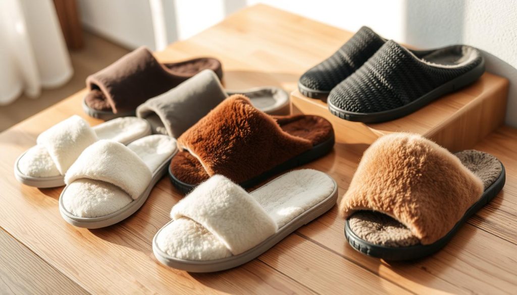 A stylish collection of contemporary massage slippers displayed on a wooden surface, illuminated by warm, natural lighting. The slippers feature a variety of textures, colors, and designs, including plush, cushioned soles, and ergonomic contours for maximum comfort and relaxation. The scene evokes a sense of tranquility and self-care, with the massage slippers positioned as the focal point against a minimalist, clutter-free background, allowing the products to shine and showcase their distinct features and benefits.