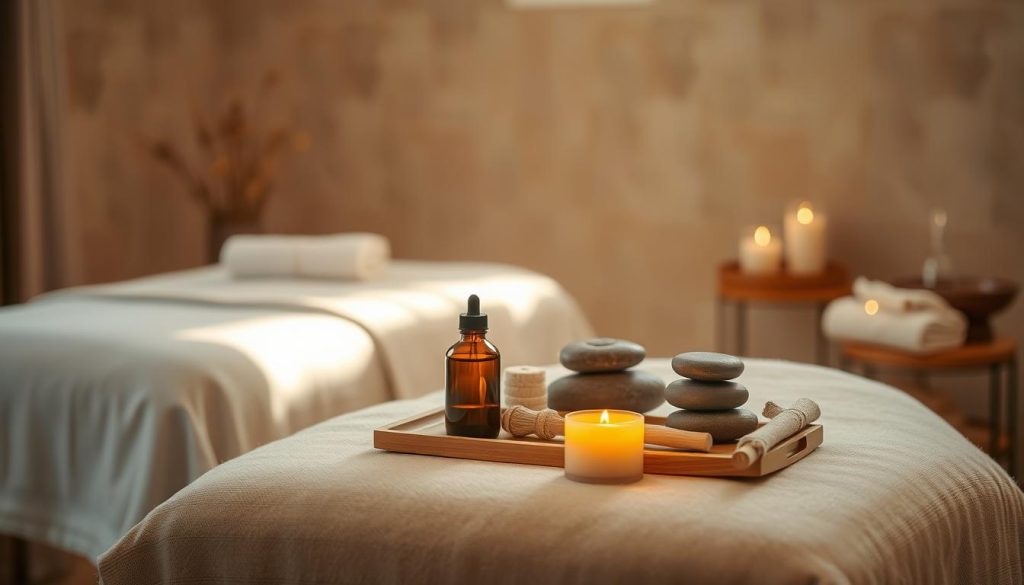 A tranquil Swedish massage scene, bathed in soft, warm lighting. The foreground features a well-designed massage table, draped with crisp, white linens. Soothing aromatherapy candles flicker gently, infusing the air with a calming, earthy fragrance. In the middle ground, an array of massage oils and tools - smooth river stones, plush towels, and therapeutic implements - are neatly arranged, ready for skilled hands to employ. The background evokes a serene, spa-like ambiance, with muted colors, natural textures, and gentle shadows that create a sense of relaxation and escape.