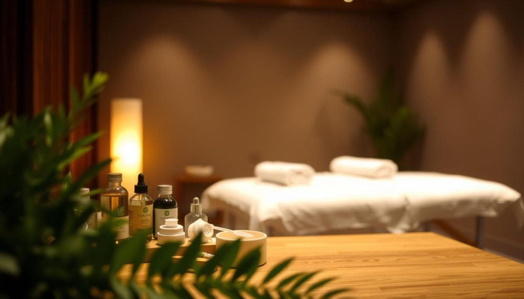 A tranquil, dimly lit room with warm, soothing lighting. The focus is on an array of massage oils, tools, and accessories neatly arranged on a wooden table. The foreground features a lush, green potted plant, adding a touch of natural serenity. In the middle ground, a plush, inviting massage table takes center stage, its clean white linens and soft pillows beckoning. The background is hazy, with a subtle, muted color palette evoking a sense of relaxation. The overall scene conveys the calming, restorative benefits of the massage experience at the Holiday Inn Şişli.