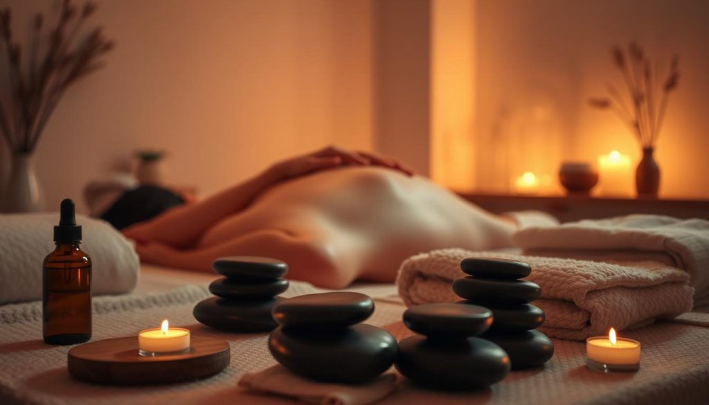 A tranquil scene of various massage techniques and modalities, captured in a serene, dimly lit studio. In the foreground, the delicate movements of a massage therapist's hands working on a client's back, using long, fluid strokes. The middle ground showcases an array of massage tools and accessories, such as smooth river stones, fragrant essential oils, and plush towels. In the background, a softly lit environment with minimalist decor, creating a calming, spa-like atmosphere. The lighting is warm and diffused, casting a soothing glow over the entire scene. The overall mood is one of tranquility, relaxation, and a deep sense of wellness.