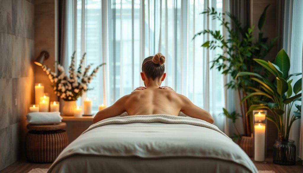 A tranquil spa-like setting with a calming atmosphere. The camera captures a soothing anti-stress and sports massage taking place on a plush massage table, surrounded by soft lighting, fragrant candles, and lush greenery. The masseuse's skilled hands work meticulously on the client's back, promoting relaxation and recovery. The scene conveys a sense of rejuvenation and well-being, perfect for illustrating the "Özel Anti-Stres ve Spor Masajı Deneyimi" section of the article.
