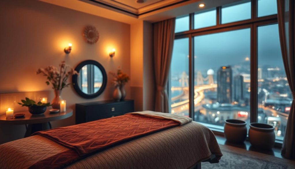 A tranquil spa setting with elegant Turkish-inspired decor. Warm, soft lighting illuminates the serene atmosphere. In the foreground, a plush massage table awaits, adorned with rich, patterned fabrics. Soothing botanicals and candles add to the calming ambiance. In the background, a window offers a view of the bustling city outside, creating a peaceful contrast. The overall mood is one of relaxation and indulgence, perfectly suited for the "Özel Masaj Seçenekleri" section of the article.